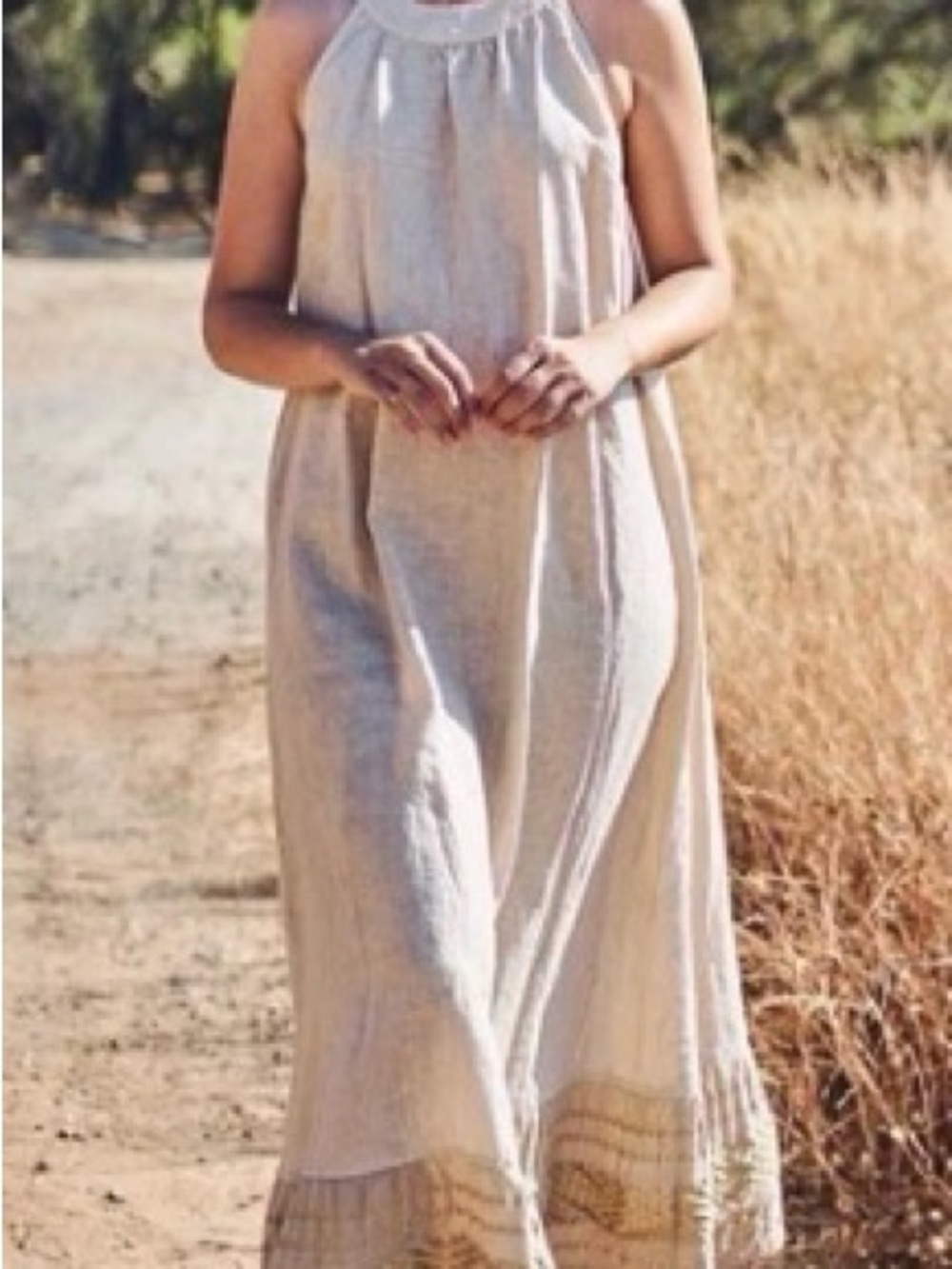 Haris Cotton halter neck maxi linen dress, beige sand